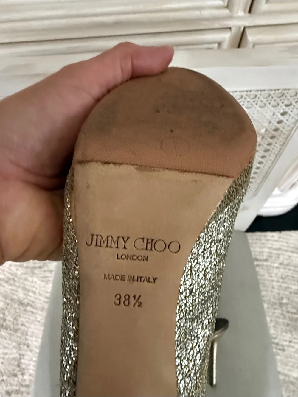 Jimmy Choo gold Glitter Peep-Toe Slingback Heels